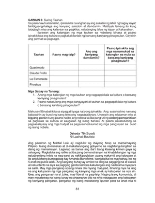 81
GAWAIN 6: Suring Tauhan
Sa pananaw humanismo, ipinakikita na ang tao ay ang sukatan ng lahat ng bagay kaya’t
binibigyang-halaga ang kanyang saloobin at damdamin. Matitiyak lamang ito kung
tataglayin niya ang kalayaan sa pagkilos, natatanging talas ng isipan at kakayahan.
	 Ilarawan ang katangian ng mga tauhan sa nobelang binasa at paano
ipinakikilala ang kultura o pagkakakilanlan ng bansang kaniyang pinagmulan. Gayahin
ang pormat sa pagsagot.
Tauhan Paano mag-isip?
Ano ang
kaniyang
damdamin?
Paano ipinakita ang
mga namumukod na
katangian na mula sa
bansang kaniyang
pinagmulan?
Quasimodo
Claude Frollo
La Esmeralda
Phoebus
Mga Gabay na Tanong:
1.	 Anong mga katangian ng mga tauhan ang nagpapakilala sa kultura o bansang
kaniyang pinagmulan?
2.	 Paano nakatulong ang mga pangyayari at tauhan sa pagpapakilala ng kultura
o bansang kanilang pinagmulan?
Mahusay! Binabati kita sa sipag at tiyaga na iyong ipinakita. Ang susunod mo namang
babasahin ay buod ng isang tekstong nagsasalaysay. Unawain ang nilalaman nito at
bigyang-pansin kung paano naiiba ang nobela sa iba pang uri ng akdang pampanitikan
sa pagkilala sa kultura at kaugalian ng isang bansa? At paano nakatutulong sa
pagsasalaysay ang mga hudyat sa pagsusunod-sunod ng mga pangyayari sa buod
ng isang nobela.
Dekada ’70 (Buod)
Ni Lualhati Bautista
Ang panahon ng Martial Law ay nagdulot ng ibayong hirap sa mamamayang
Pilipino. Isang di-makatao at di-makatarungang gobyerno na nagbibingi-bingihan sa
daing ng mamamayan. Laganap sa bansa ang iba’t ibang klaseng krimen gaya ng
salvaging. Magkabila ang rallies at iba pang demonstrasyon na kinabibilangan ng mga
estudyanteng imbis na nag-aaral ay nakikipaglaban upang makamit ang kalayaan at
ito ang lubhang bumagabag kay Amanda Bartolome, isang tipikal na maybahay, ina ng
5 anak na pulos lalaki. Ang kanyang buhay ay umikot na lang sa pagiging ina at asawa
at nakuntento na siya sa pagiging ganito kahit na kakulangan ang nadarama niya para
sa sarili. May mga pangarap siyang ninais din niyang matupad, itinuring niya na lang
na ang katuparan ng mga pangarap ng kanyang mga anak ay katuparan na niya rin.
Una, ang panganay na si Jules, may liberal na pag-iisip. Naging isang komunista, di
man matatawag na isang tunay na propesyon dito na niya natagpuan ang katuparan
ng kaniyang pangarap, pangarap ng isang makataong lipunan para sa anak nila ni
 