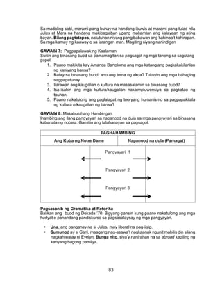 83
Sa madaling sabi, marami pang buhay na handang ibuwis at marami pang tulad nila
Jules at Mara na handang makipaglaban upang makamtan ang kalayaan ng ating
bayan. Bilang pagtatapos, natutuhan niyang pangibabawan ang kahinaa’t kahirapan.
Sa mga kamay ng kaaway o sa larangan man. Magiting siyang nanindigan
GAWAIN 7: Pagpapalawak ng Kaalaman
Suriin ang binasang buod sa pamamagitan sa pagsagot ng mga tanong sa sagutang
papel.
1.	 Paano makikita kay Amanda Bartolome ang mga katangiang pagkakakilanlan
ng kaniyang bansa?
2.	 Batay sa binasang buod, ano ang tema ng akda? Tukuyin ang mga bahaging
nagpapatunay.
3.	 Ilarawan ang kaugalian o kultura na masasalamin sa binasang buod?
4.	 Isa-isahin ang mga kultura/kaugalian nakaimpluwensiya sa pagkatao ng
tauhan.
5.	 Paano nakatulong ang paglalapat ng teoryang humanismo sa pagpapakilala
ng kultura o kaugalian ng bansa?
GAWAIN 8: Makabuluhang Hambingan
Ihambing ang ilang pangyayari sa napanood na dula sa mga pangyayari sa binasang
kabanata ng nobela. Gamitin ang talahanayan sa pagsagot.
PAGHAHAMBING
Ang Kuba ng Notre Dame Napanood na dula (Pamagat)
Pangyayari 1
Pangyayari 2
Pangyayari 3
Pagsasanib ng Gramatika at Retorika
Balikan ang buod ng Dekada ‘70. Bigyang-pansin kung paano nakatulong ang mga
hudyat o panandang pandiskurso sa pagsasalaysay ng mga pangyayari.
•	 Una, ang panganay na si Jules, may liberal na pag-iisip.
•	 Sumunod ay si Gani, maagang nag-asawa’t nagkaanak ngunit mabilis din silang
nagkahiwalay ni Evelyn. Bunga nito, siya’y nanirahan na sa abroad kapiling ng
kanyang bagong pamilya.
 