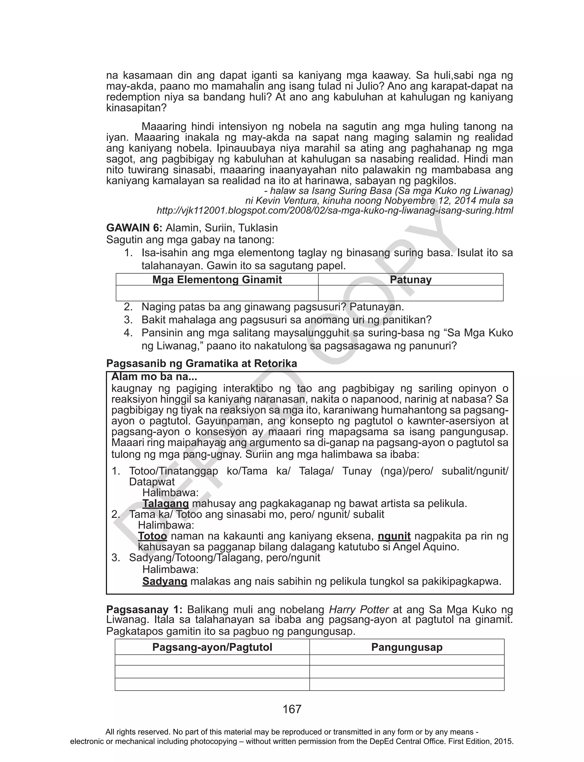 Pagsusuring Basa Grade 10 Filipino Learners Material (Unit 2) | PDF