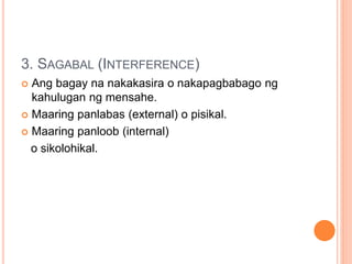 3. SAGABAL (INTERFERENCE)
 Ang bagay na nakakasira o nakapagbabago ng
kahulugan ng mensahe.
 Maaring panlabas (external) o pisikal.
 Maaring panloob (internal)
o sikolohikal.
 
