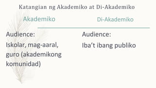 Katangian ng Akademiko at Di-Akademiko
Akademiko
Audience:
Iskolar, mag-aaral,
guro (akademikong
komunidad)
Di-Akademiko
Audience:
Iba’t ibang publiko
 