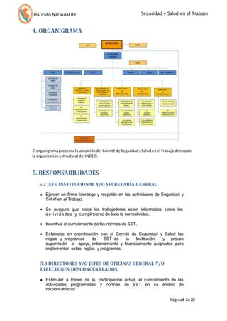 Seguridad y Salud en el Trabajo 
Instituto Nacional de 
Defensa Civil 
Página 6 de 23 
4. ORGANIGRAMA 
El organigrama presenta la ubicación del Comité de Seguridad y Salud en el Trabajo dentro de 
la organización estructural del INDECI. 
5. RESPONSABILIDADES 
5.2 JEFE INSTITUCIONAL Y/O SECRETARÍA GENERAL 
 Ejercer un firme liderazgo y respaldo en las actividades de Seguridad y 
Salud en el Trabajo. 
 Se asegura que todos los trabajadores estén informados sobre las 
ac t ividades y cumplimiento de toda la normatividad. 
 Incentiva el cumplimiento de las normas de SST. 
 Establece en coordinación con el Comité de Seguridad y Salud las 
reglas y programas de SST de la Institución, y provee 
supervisión al apoyo, entrenamiento y financiamiento asignados para 
implementar estas reglas y programas. 
5.3 DIRECTORES Y/O JEFES DE OFICINAS GENERAL Y/O 
DIRECTORES DESCONCENTRADOS. 
 Estimular a través de su participación activa, el cumplimiento de las 
actividades programadas y normas de SST en su ámbito de 
responsabilidad. 
 