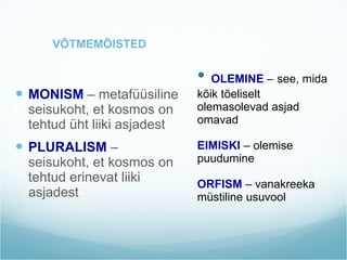 OLEMINE   –   see, mida kõik tõeliselt olemasolevad asjad omavad EIMISKI  – olemise puudumine ORFISM  – vanakreeka müstiline usuvool VÕTMEMÕISTED MONISM  – metafüüsiline seisukoht, et kosmos on tehtud üht liiki asjadest PLURALISM  – seisukoht, et kosmos on tehtud erinevat liiki asjadest  