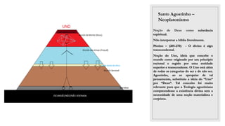 Santo Agostinho –
Neoplatonismo
Noção de Deus como substância
espiritual.
Não interpretar a bíblia literalmente.
Plotino – (205-270) - O divino é algo
transcendental.
Noção do Uno, ideia que concebe o
mundo como originado por um princípio
racional e regido por uma entidade
superior e transcendente. O Uno está além
de todas as categorias do ser e do não ser.
Agostinho, ao se apropriar de tal
pensamento, substituiu a ideia do “Uno”
por “Deus”. Tal conceito foi muito
relevante para que a Teologia agostiniana
compreendesse a existência divina sem a
necessidade de uma noção materialista e
corpórea.
 
