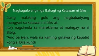Isang malaking gulo ang nagbabadyang
mangyari sa katawan ni Isko at
ito’y nagsimula sa mareklamo at maingay na si
Bibig.
“Ano ba iyan, wala na kaming ginawa ng kapatid
kong si Dila kundi
Nagkagulo ang mga Bahagi ng Katawan ni Isko
 