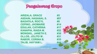 Pangalawang Grupo
ARIZALA, GRACE
ASDAIN, HASANAL S.
BAGATILA, ROCYL
CEPINO, JHOMARIE
EDULAN, CATHRINA
KANAPIA, RAIDA M.
MONGKIL, JANETH E.
OLLOS, JOLITO M .
RABOR, CORINA B.
TALIB, HAYYAM L.

#5
#07
#8
#14
#17
#22
#30
#31
#35
#44

 