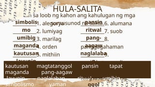 Piliin sa loob ng kahon ang kahulugan ng mga
sumusunod na salita.
__________6. alumana
__________7. suob
__________8.
panggagahaman
__________9.
nagkakatunggali
__________10.
magsasanggalang
HULA-SALITA
__________1. alegorya
__________2. lumiyag
__________3. marilag
__________4. orden
__________5. mithiin
kautusan magtatanggol pansin tapat
maganda pang-aagaw
layunin naglalaban ritwal umibig
simbolismo yaman
simbolis
mo
umibig
maganda
kautusan
layunin
pansin
ritwal
pang-
aagaw
naglalaba
n
magtatan
ggol
 