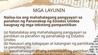 MGA LAYUNIN
Naiisa-isa ang mahahalagang pangyayari sa
panahon ng Pananakop ng Estados Unidos
kaugnay ng mga tekstong pampanitikan
(a) Natatalakay ang mahahalagang pangyayari sa
panitikan sa panahon ng pananakop ng Estados
Unidos
(b) Nasusuri ang kalagayan at katangian ng panitikan
sa panahong ito
(c) Napahahalagahan ang kasaysayan ng panitikan sa
 