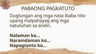 PABAONG PAGKATUTO
Dugtungan ang mga nasa ibaba nito
upang maipahayag ang mga
natutuhan sa aralin.
Nalaman ko...
Naramdaman ko...
Napagtanto ko...
 