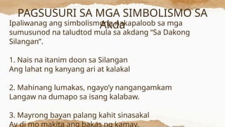 PAGSUSURI SA MGA SIMBOLISMO SA
Akda
Ipaliwanag ang simbolismong nakapaloob sa mga
sumusunod na taludtod mula sa akdang “Sa Dakong
Silangan”.
1. Nais na itanim doon sa Silangan
Ang lahat ng kanyang ari at kalakal
2. Mahinang lumakas, ngayo’y nangangamkam
Langaw na dumapo sa isang kalabaw.
3. Mayrong bayan palang kahit sinasakal
Ay di mo makita ang bakas ng kamay.
 