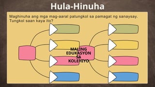 Maghinuha ang mga mag-aaral patungkol sa pamagat ng sanaysay.
Tungkol saan kaya ito?
Hula-Hinuha
MALING
EDUKASYON
SA
KOLEHIYO
 