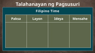Paksa Layon Ideya Mensahe
Talahanayan ng Pagsusuri
Filipino Time
 