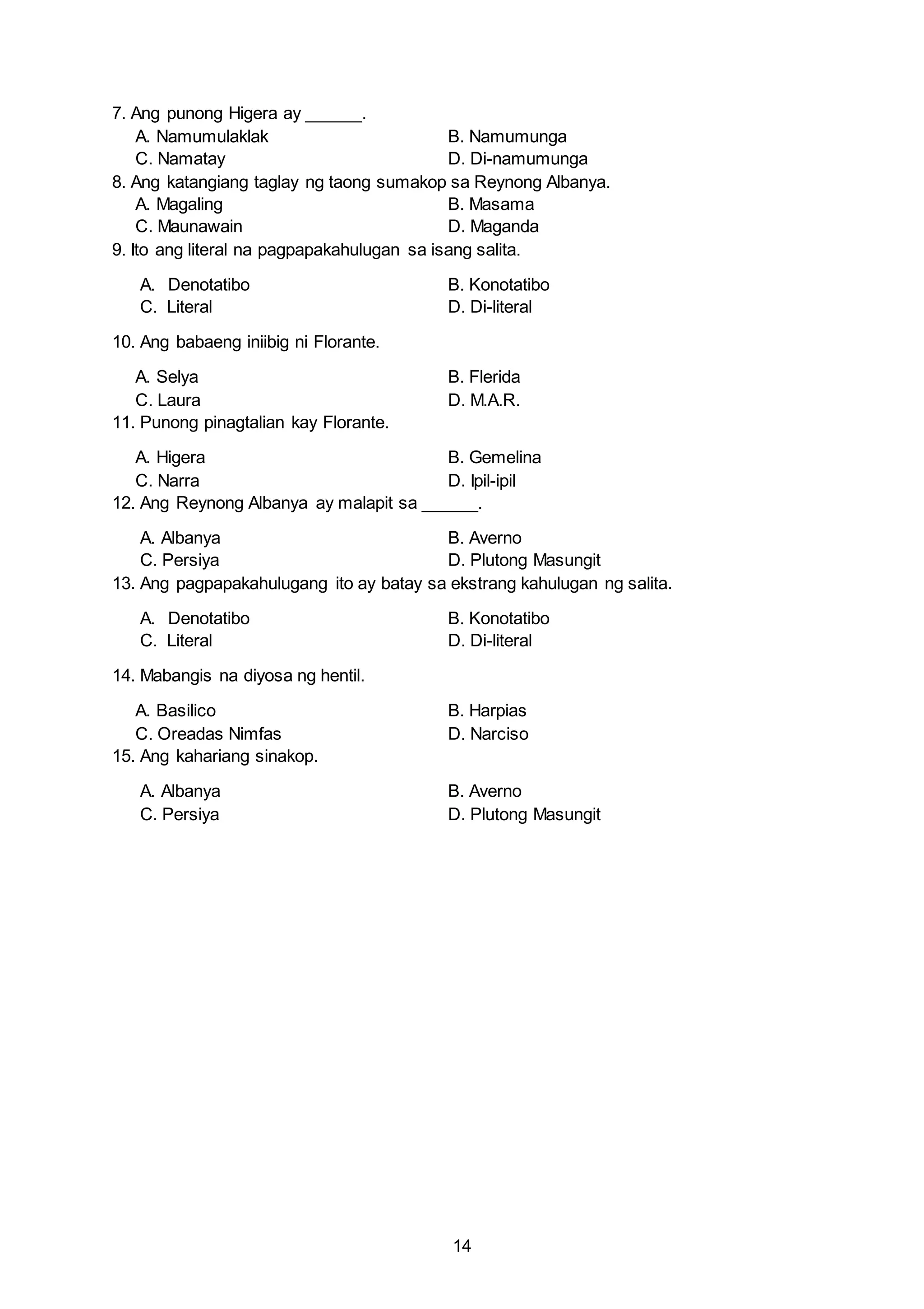 14
7. Ang punong Higera ay ______.
A. Namumulaklak B. Namumunga
C. Namatay D. Di-namumunga
8. Ang katangiang taglay ng taong sumakop sa Reynong Albanya.
A. Magaling B. Masama
C. Maunawain D. Maganda
9. Ito ang literal na pagpapakahulugan sa isang salita.
A. Denotatibo B. Konotatibo
C. Literal D. Di-literal
10. Ang babaeng iniibig ni Florante.
A. Selya B. Flerida
C. Laura D. M.A.R.
11. Punong pinagtalian kay Florante.
A. Higera B. Gemelina
C. Narra D. Ipil-ipil
12. Ang Reynong Albanya ay malapit sa ______.
A. Albanya B. Averno
C. Persiya D. Plutong Masungit
13. Ang pagpapakahulugang ito ay batay sa ekstrang kahulugan ng salita.
A. Denotatibo B. Konotatibo
C. Literal D. Di-literal
14. Mabangis na diyosa ng hentil.
A. Basilico B. Harpias
C. Oreadas Nimfas D. Narciso
15. Ang kahariang sinakop.
A. Albanya B. Averno
C. Persiya D. Plutong Masungit
 