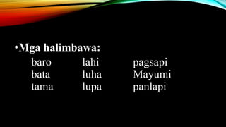 •Mga halimbawa:
baro lahi pagsapi
bata luha Mayumi
tama lupa panlapi
 