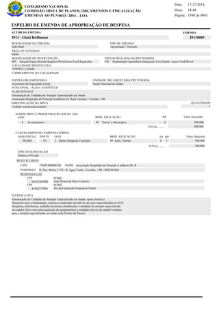 Página:
17/12/2014Data:
14:44Hora:
CONGRESSO NACIONAL
COMISSÃO MISTA DE PLANOS, ORÇAMENTOS E FISCALIZAÇÃO
/EMENDAS AO PLN -0013 2014 LOA- 3390 de 9845
10 de 18
EMENDAAUTOR DA EMENDA
2911 - Gleisi Hoffmann 29110009
ESPELHO DE EMENDA DE APROPRIAÇÃO DE DESPESA
MODALIDADE DA EMENDA TIPO DE EMENDA
Apropriação - Inclusão
MODALIDADE DE INTERVENÇÃO TIPO DE REALIZAÇÃO PRETENDIDA
Atenção Especializada:Hospitais/Policlínicas/Unid.Especializ003 Implantação/Aparelham/Adequação Unid Saúde/ Aquis Unid Móvel552
Saúde
ÁREA DE GOVERNO
Unidade estruturada(unidade)
ESPECIFICAÇÃO DA META QUANTIDADE
1
10.302.2015.8535
LOCALIDADE BENEFICIADA
4106902 - Curitiba
ESFERA ORÇAMENTÁRIA
Orçamento da Seguridade Social
UNIDADE ORÇAMENTÁRIA PRETENDIDA
Fundo Nacional de Saúde
COMPLEMENTO DA LOCALIDADE
Individual
Estruturação de Unidades de Atenção Especializada em Saúde: apoio técnico e
financeiro para a implantação, reforma e ampliação da rede de serviços especializados no SUS
(hospitais, policlínicas, unidades de pronto atendimento e unidades de atenção especializada
em saúde), bem como para aquisição de equipamentos e unidades móveis de saúde9 voltados
para a atenção especializada em saúde nodo Estado do Paraná.
Estruturação de Unidades de Atenção Especializada em Saúde
Associação Hospitalar de Proteção à Infância Dr. Raul Carneiro - Curitiba - PR
FUNCIONAL / AÇÃO / SUBTÍTULO
JUSTIFICATIVA
TIPO DA SUBVENÇÃO
Público e Privado
ACRÉSCIMOS À PROGRAMAÇÃO (EM R$ 1,00)
GND MOD. APLICAÇÃO Valor Acrescido
40 Transf. a Municípios 500.0004 Investimentos
500.000TOTAL ........
2
RP
MOD. APLICAÇÃO
002000 151 3 Outras Despesas Correntes 90 Aplic. Diretas 500.000
SEQUENCIAL FONTE GND Valor Deduzido
CANCELAMENTOS COMPENSATÓRIOS
6
RPID
1
500.000TOTAL ........
BENEFICIÁRIOS
CNPJ NOME
ENDEREÇO
CPF
CPF
NOME
NOME
76591569000130 Associação Hospitalar de Proteção à Infância Dr. R
R. Des. Motta, 1170 - B. Àgua Verde - Curitiba - PR / 802250-060
01015303900
81942273991
José Álvaro da Silva Carneiro
Ety da Conceição Gonçalves Fortes
RESPONSÁVEIS
 