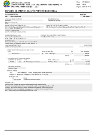 Página:
17/12/2014Data:
14:44Hora:
CONGRESSO NACIONAL
COMISSÃO MISTA DE PLANOS, ORÇAMENTOS E FISCALIZAÇÃO
/EMENDAS AO PLN -0013 2014 LOA- 3386 de 9845
6 de 18
EMENDAAUTOR DA EMENDA
2911 - Gleisi Hoffmann 29110005
ESPELHO DE EMENDA DE APROPRIAÇÃO DE DESPESA
MODALIDADE DA EMENDA TIPO DE EMENDA
Apropriação - Inclusão
MODALIDADE DE INTERVENÇÃO TIPO DE REALIZAÇÃO PRETENDIDA
Atenção Especializada:Hospitais/Policlínicas/Unid.Especializ003 Implantação/Aparelham/Adequação Unid Saúde/ Aquis Unid Móvel552
Saúde
ÁREA DE GOVERNO
Unidade estruturada(unidade)
ESPECIFICAÇÃO DA META QUANTIDADE
1
10.302.2015.8535
LOCALIDADE BENEFICIADA
4104303 - Campo Mourão
ESFERA ORÇAMENTÁRIA
Orçamento da Seguridade Social
UNIDADE ORÇAMENTÁRIA PRETENDIDA
Fundo Nacional de Saúde
COMPLEMENTO DA LOCALIDADE
Individual
Estruturação de Unidades de Atenção Especializada em Saúde: apoio técnico e
financeiro para a implantação, reforma e ampliação da rede de serviços especializados no SUS
(hospitais, policlínicas, unidades de pronto atendimento e unidades de atenção especializada
em saúde), bem como para aquisição de equipamentos e unidades móveis de saúde9 voltados
para a atenção especializada em saúde nodo Estado do Paraná.
Estruturação de Unidades de Atenção Especializada em Saúde
Hospital Santa Casa de Campo Mourão - Campo Mourão - PR
FUNCIONAL / AÇÃO / SUBTÍTULO
JUSTIFICATIVA
TIPO DA SUBVENÇÃO
Público e Privado
ACRÉSCIMOS À PROGRAMAÇÃO (EM R$ 1,00)
GND MOD. APLICAÇÃO Valor Acrescido
40 Transf. a Municípios 400.0004 Investimentos
400.000TOTAL ........
2
RP
MOD. APLICAÇÃO
002000 151 3 Outras Despesas Correntes 90 Aplic. Diretas 400.000
SEQUENCIAL FONTE GND Valor Deduzido
CANCELAMENTOS COMPENSATÓRIOS
6
RPID
1
400.000TOTAL ........
BENEFICIÁRIOS
CNPJ NOME
ENDEREÇO
CPF NOME
80612294000141 Hospital Santa Casa de Misericórdia
Rodovia PR 558 Km 05 - Campo Mourão - PR 87.302-215
36614777904 Luis Marcos Mancebo Campos
RESPONSÁVEIS
 