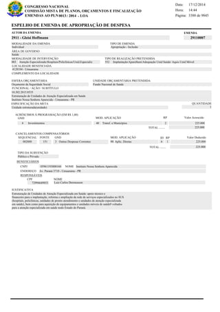 Página:
17/12/2014Data:
14:44Hora:
CONGRESSO NACIONAL
COMISSÃO MISTA DE PLANOS, ORÇAMENTOS E FISCALIZAÇÃO
/EMENDAS AO PLN -0013 2014 LOA- 3388 de 9845
8 de 18
EMENDAAUTOR DA EMENDA
2911 - Gleisi Hoffmann 29110007
ESPELHO DE EMENDA DE APROPRIAÇÃO DE DESPESA
MODALIDADE DA EMENDA TIPO DE EMENDA
Apropriação - Inclusão
MODALIDADE DE INTERVENÇÃO TIPO DE REALIZAÇÃO PRETENDIDA
Atenção Especializada:Hospitais/Policlínicas/Unid.Especializ003 Implantação/Aparelham/Adequação Unid Saúde/ Aquis Unid Móvel552
Saúde
ÁREA DE GOVERNO
Unidade estruturada(unidade)
ESPECIFICAÇÃO DA META QUANTIDADE
1
10.302.2015.8535
LOCALIDADE BENEFICIADA
4128104 - Umuarama
ESFERA ORÇAMENTÁRIA
Orçamento da Seguridade Social
UNIDADE ORÇAMENTÁRIA PRETENDIDA
Fundo Nacional de Saúde
COMPLEMENTO DA LOCALIDADE
Individual
Estruturação de Unidades de Atenção Especializada em Saúde: apoio técnico e
financeiro para a implantação, reforma e ampliação da rede de serviços especializados no SUS
(hospitais, policlínicas, unidades de pronto atendimento e unidades de atenção especializada
em saúde), bem como para aquisição de equipamentos e unidades móveis de saúde9 voltados
para a atenção especializada em saúde nodo Estado do Paraná.
Estruturação de Unidades de Atenção Especializada em Saúde
Instituto Nossa Senhora Aparecida - Umuarama - PR
FUNCIONAL / AÇÃO / SUBTÍTULO
JUSTIFICATIVA
TIPO DA SUBVENÇÃO
Público e Privado
ACRÉSCIMOS À PROGRAMAÇÃO (EM R$ 1,00)
GND MOD. APLICAÇÃO Valor Acrescido
40 Transf. a Municípios 225.0004 Investimentos
225.000TOTAL ........
2
RP
MOD. APLICAÇÃO
002000 151 3 Outras Despesas Correntes 90 Aplic. Diretas 225.000
SEQUENCIAL FONTE GND Valor Deduzido
CANCELAMENTOS COMPENSATÓRIOS
6
RPID
1
225.000TOTAL ........
BENEFICIÁRIOS
CNPJ NOME
ENDEREÇO
CPF NOME
05961193000160 Instituto Nossa Senhora Aparecida
Av. Paraná 3710 - Umuarama - PR
72994649853 Luiz Carlos Derenusson
RESPONSÁVEIS
 