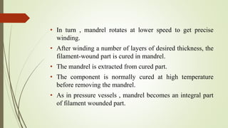 • In turn , mandrel rotates at lower speed to get precise
winding.
• After winding a number of layers of desired thickness, the
filament-wound part is cured in mandrel.
• The mandrel is extracted from cured part.
• The component is normally cured at high temperature
before removing the mandrel.
• As in pressure vessels , mandrel becomes an integral part
of filament wounded part.
 