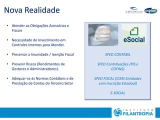Nova Realidade
• Atender as Obrigações Acessórias e
Fiscais
• Necessidade de Investimento em
Controles Internos para Atender.
• Preservar a Imunidade / Isenção Fiscal
• Prevenir Riscos (Rendimentos de
Gestores e Administradores).
• Adequar-se às Normas Contábeis e de
Prestação de Contas do Terceiro Setor
SPED CONTÁBIL
SPED Contribuições (PIS e
COFINS)
SPED FISCAL (ICMS Entidades
com Inscrição Estadual)
E-SOCIAL
 