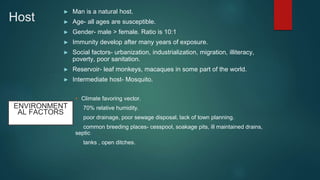 Host
► Man is a natural host.
► Age- all ages are susceptible.
► Gender- male > female. Ratio is 10:1
► Immunity develop after many years of exposure.
► Social factors- urbanization, industrialization, migration, illiteracy,
poverty, poor sanitation.
► Reservoir- leaf monkeys, macaques in some part of the world.
► Intermediate host- Mosquito.
ENVIRONMENT
AL FACTORS
• Climate favoring vector.
70% relative humidity.
poor drainage, poor sewage disposal, lack of town planning.
common breeding places- cesspool, soakage pits, ill maintained drains,
septic
tanks , open ditches.
 