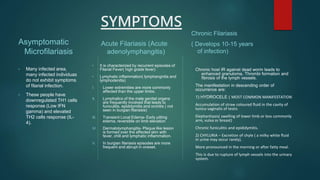 SYMPTOMS
Asymptomatic
Microfilariasis
• Many infected area,
many infected individuas
do not exhibit symptoms
of filarial infection.
• These people have
downregulated TH1 cells
response (Low IFN
gamma) and elevated
TH2 cells response (IL-
4).
Acute Filariasis (Acute
adenolymphangitis)
• It is characterized by recurrent episodes of
Filarial Fever( high grade fever)
• Lymphatic inflammation( lymphangnitis and
lymphodenitis)
I. Lower extremities are more commonly
affected than the upper limbs.
II. Lymphatics of the male genital organs
are frequently involved that leads to
funiculitis, epididymitis and orchitis ( not
seen in burgian filariasis)
III. Transient Local Edema- Early pitting
edema, reversible on limb elevation
IV. Dermatolymphangitis- Plaque like lesion
is formed over the affected skin with
fever, chill and lymphatic inflammation.
V. In burgian filariasis episodes are more
frequent and abrupt in oneset.
Chronic Filariasis
( Develops 10-15 years
of infection)
Chronic host IR against dead worm leads to
enhanced granuloma, Thrombi formation and
fibrosis of the lymph vessels.
The manifestation in descending order of
occurrence are:
1) HYDROCELE ( MOST COMMON MANIFESTATION
Accumulation of straw coloured fluid in the cavity of
tunica vaginalis of testis
Elephantiasis( swelling of lower limb or less commonly
arm, vulva or breast)
Chronic funiculitis and epididymitis.
2) CHYLURIA – Excretion of chyle ( a milky white fluid
in urine may occur rarely).
More pronounced in the morning or after fatty meal.
This is due to rupture of lymph vessels into the urinary
system.
 