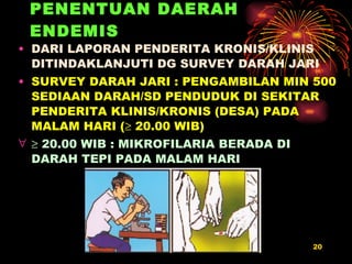 PENENTUAN DAERAH ENDEMIS DARI LAPORAN PENDERITA KRONIS/KLINIS  DITINDAKLANJUTI DG SURVEY DARAH JARI SURVEY DARAH JARI : PENGAMBILAN MIN 500 SEDIAAN DARAH/SD PENDUDUK DI SEKITAR PENDERITA KLINIS/KRONIS (DESA) PADA MALAM HARI (   20.00 WIB)    20.00 WIB : MIKROFILARIA BERADA DI DARAH TEPI PADA MALAM HARI  