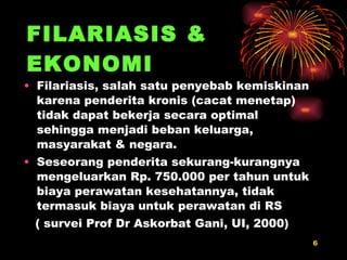 FILARIASIS & EKONOMI Filariasis, salah satu penyebab kemiskinan karena penderita kronis (cacat menetap) tidak dapat bekerja secara optimal   sehingga menjadi beban keluarga, masyarakat & negara. Seseorang penderita sekurang-kurangnya mengeluarkan Rp. 750.000 per tahun untuk biaya perawatan kesehatannya, tidak termasuk biaya untuk perawatan di RS  ( survei Prof Dr Askorbat Gani, UI, 2000) 