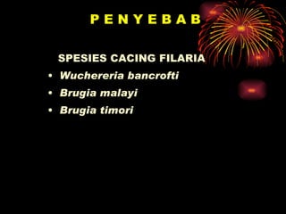 3  SPESIES CACING FILARIA Wuchereria bancrofti  Brugia malayi Brugia timori  P E N Y E B A B 