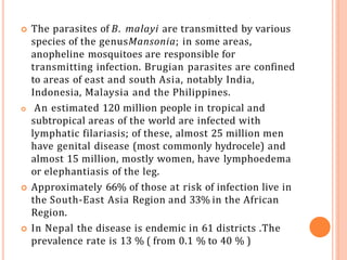  The parasites of B. malayi are transmitted by various
species of the genusMansonia; in some areas,
anopheline mosquitoes are responsible for
transmitting infection. Brugian parasites are confined
to areas of east and south Asia, notably India,
Indonesia, Malaysia and the Philippines.
 An estimated 120 million people in tropical and
subtropical areas of the world are infected with
lymphatic filariasis; of these, almost 25 million men
have genital disease (most commonly hydrocele) and
almost 15 million, mostly women, have lymphoedema
or elephantiasis of the leg.
 Approximately 66% of those at risk of infection live in
the South-East Asia Region and 33% in the African
Region.
 In Nepal the disease is endemic in 61 districts .The
prevalence rate is 13 % ( from 0.1 % to 40 % )
 
