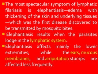 The most spectacular symptom of lymphatic
filariasis is elephantiasis—edema with
thickening of the skin and underlying tissues
—which was the first disease discovered to
be transmitted by mosquito bites.
Elephantiasis results when the parasites
lodge in the lymphatic system.
Elephantiasis affects mainly the lower
extremities, while the ears, mucous
membranes, and amputation stumps are
affected less frequently.