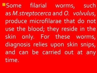Some filarial worms, such
as M.streptocerca and O. volvulus,
produce microfilarae that do not
use the blood; they reside in the
skin only. For these worms,
diagnosis relies upon skin snips,
and can be carried out at any
time.