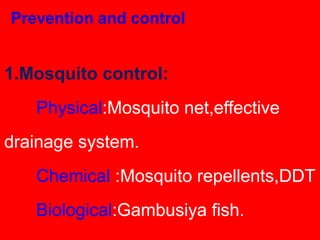 1.Mosquito control:
Physical:Mosquito net,effective
drainage system.
Chemical :Mosquito repellents,DDT
Biological:Gambusiya fish.
2.Treatment of the patients