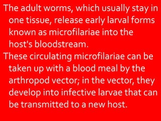 The adult worms, which usually stay in
one tissue, release early larval forms
known as microfilariae into the
host's bloodstream.
These circulating microfilariae can be
taken up with a blood meal by the
arthropod vector; in the vector, they
develop into infective larvae that can
be transmitted to a new host.
