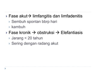  Fase akut limfangitis dan limfadenitis
 Sembuh spontan bbrp hari
 kambuh
 Fase kronik  obstruksi  Elefantiasis
 Jarang < 20 tahun
 Sering dengan radang akut
 