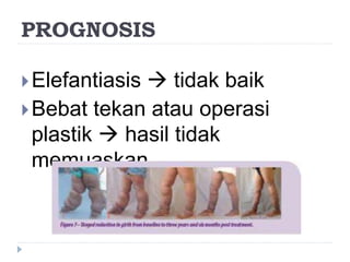 PROGNOSIS
Elefantiasis  tidak baik
Bebat tekan atau operasi
plastik  hasil tidak
memuaskan
 