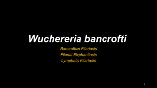 Wuchereria bancrofti
Bancroftian Filariasis
Filarial Elephantiasis
Lymphatic Filariasis
1
 