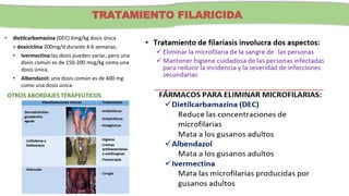 TRATAMIENTO FILARICIDA
• dietilcarbamazina (DEC) 6mg/kg dosis única
+ doxiciclina 200mg/d durante 4-6 semanas.
• Ivermectina:las dosis pueden variar, pero una
dosis común es de 150-200 mcg/kg como una
dosis única.
• Albendazol: una dosis común es de 400 mg
como una dosis única.
OTROS ABORDAJES TERAPEÚTICOS
 