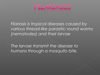  Filariasis is tropical diseases caused by
various thread-like parasitic round worms
(nematodes) and their larvae
The larvae transmit the disease to
humans through a mosquito bite.