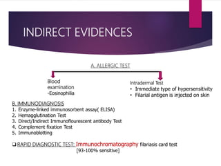 INDIRECT EVIDENCES
A. ALLERGIC TEST
Blood
examination
-Eosinophilia
Intradermal Test
• Immediate type of hypersensitivity
• Filarial antigen is injected on skin
B. IMMUNODIAGNOSIS
1. Enzyme-linked immunosorbent assay( ELISA)
2. Hemagglutination Test
3. Direct/Indirect Immunoflourescent antibody Test
4. Complement fixation Test
5. Immunoblotting
 RAPID DIAGNOSTIC TEST: Immunochromatography filariasis card test
[93-100% sensitive]
 