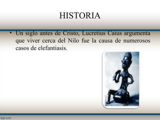 HISTORIA
• Un siglo antes de Cristo, Lucretius Caius argumenta
  que viver cerca del Nilo fue la causa de numerosos
  casos de elefantiasis.
 