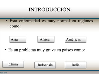 INTRODUCCION
• Esta enfermedad es muy normal en regiones
  como:


   Asia           Africa        Américas

• Es un problema muy grave en paises como:


  China          Indonesia         India
 