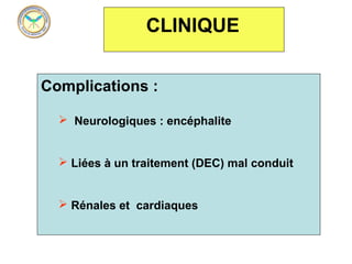 CLINIQUE


Complications :

   Neurologiques : encéphalite


   Liées à un traitement (DEC) mal conduit


   Rénales et cardiaques
 