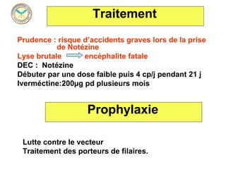 Traitement 
Prudence : risque d’accidents graves lors de la prise  
              de Notézine
Lyse brutale           encéphalite fatale
DEC :  Notézine
Débuter par une dose faible puis 4 cp/j pendant 21 j
Iverméctine:200µg pd plusieurs mois


                      Prophylaxie 
 



    Lutte contre le vecteur
    Traitement des porteurs de filaires.
 