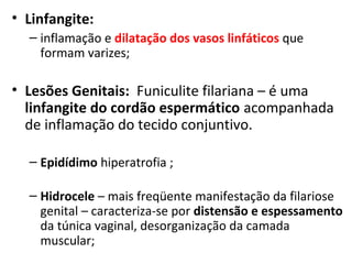 • Linfangite:
– inflamação e dilatação dos vasos linfáticos que
formam varizes;
• Lesões Genitais: Funiculite filariana – é uma
linfangite do cordão espermático acompanhada
de inflamação do tecido conjuntivo.
– Epidídimo hiperatrofia ;
– Hidrocele – mais freqüente manifestação da filariose
genital – caracteriza-se por distensão e espessamento
da túnica vaginal, desorganização da camada
muscular;
 
