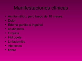 Manifestaciones clínicas
• Asintomático, pero luego de 18 meses:
• Dolor
• Edema genital e inguinal
• epididimitis
• Orquitis
• Hidrocele
• Linfademitis
• Abscesos
• fiebre
 