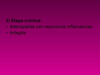 2) Etapa crónica:
• Adenopatías con reacciones inflamatorias
• linfagitis
 