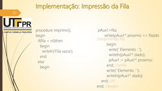 Implementação: Impressão da Fila
procedure imprimir();
begin
if(fila = nil)then
begin
writeln('Fila vazia');
end
else
begin
pAux1:=fila;
while(pAux1^.proximo <> fila)do
//imprimindo fila
begin
write(' Elemento : ');
writeln(pAux1^.dado);
pAux1 := pAux1^.proximo;
end; //while
write(' Elemento : ');
writeln(pAux1^.dado);
end; //if
end; //begin07/12/2016
30
 