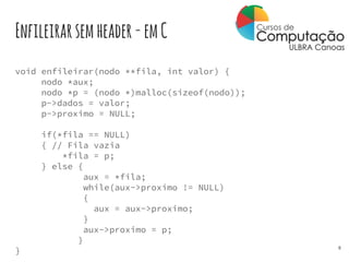 Enfileirarsemheader-emC
void enfileirar(nodo **fila, int valor) {
nodo *aux;
nodo *p = (nodo *)malloc(sizeof(nodo));
p->dados = valor;
p->proximo = NULL;
if(*fila == NULL)
{ // Fila vazia
*fila = p;
} else {
aux = *fila;
while(aux->proximo != NULL)
{
aux = aux->proximo;
}
aux->proximo = p;
}
} 8
 