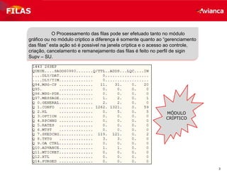 3
FILAS
O Processamento das filas pode ser efetuado tanto no módulo
gráfico ou no módulo criptico a diferença é somente quanto ao “gerenciamento
das filas” esta ação só é possivel na janela críptica e o acesso ao controle,
criação, cancelamento e remanejamento das filas é feito no perfil de sigin
Supv – SU.
MÓDULO
CRÍPTICO
 