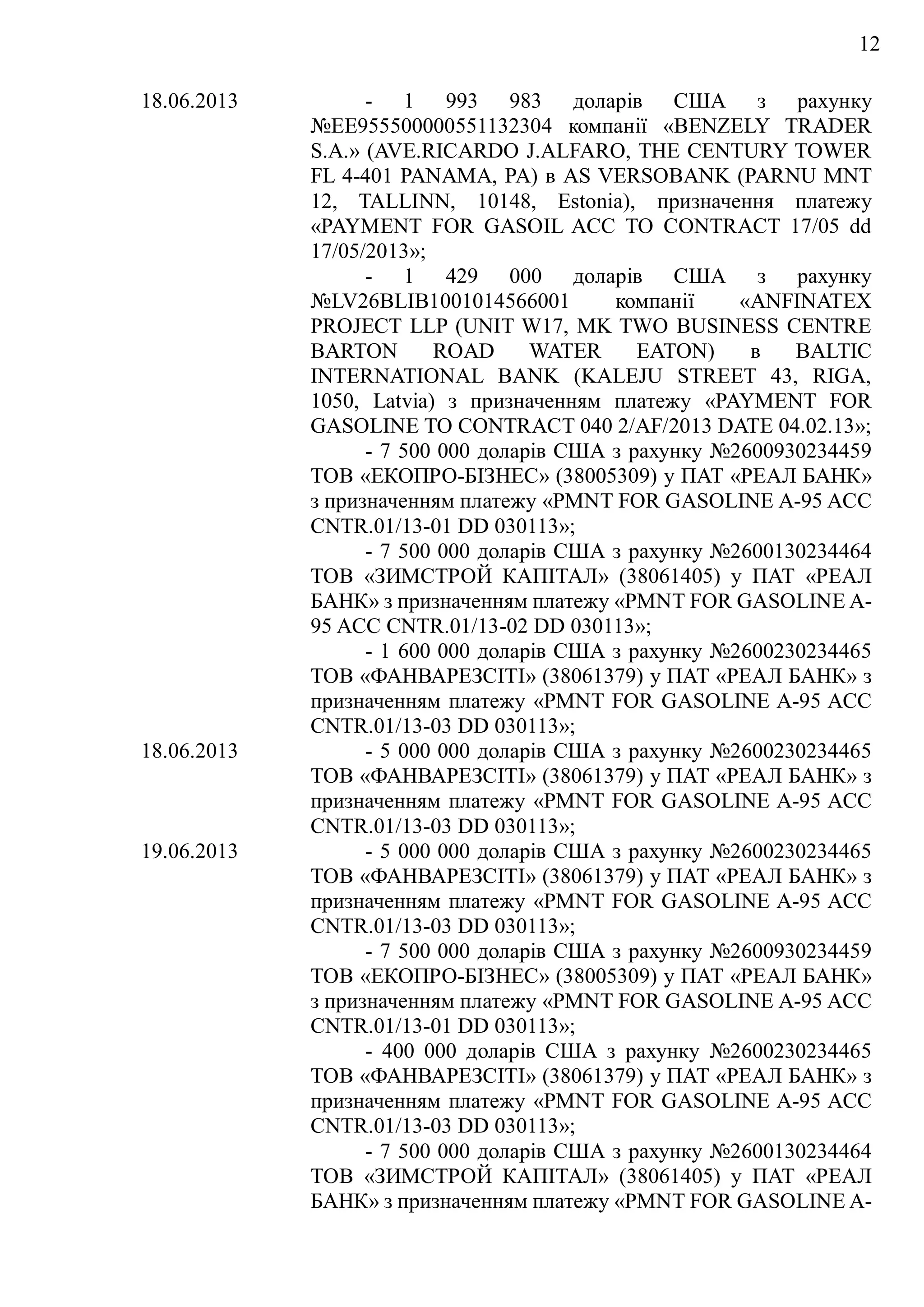 12
18.06.2013 - 1 993 983 доларів США з рахунку
№EE955500000551132304 компанії «BENZELY TRADER
S.A.» (AVE.RICARDO J.ALFARO, THE CENTURY TOWER
FL 4-401 PANAMA, PA) в AS VERSOBANK (PARNU MNT
12, TALLINN, 10148, Estonia), призначення платежу
«PAYMENT FOR GASOIL ACC TO CONTRACT 17/05 dd
17/05/2013»;
- 1 429 000 доларів США з рахунку
№LV26BLIB1001014566001 компанії «ANFINATEX
PROJECT LLP (UNIT W17, MK TWO BUSINESS CENTRE
BARTON ROAD WATER EATON) в BALTIC
INTERNATIONAL BANK (KALEJU STREET 43, RIGA,
1050, Latvia) з призначенням платежу «PAYMENT FOR
GASOLINE TO CONTRACT 040 2/AF/2013 DATE 04.02.13»;
- 7 500 000 доларів США з рахунку №2600930234459
ТОВ «ЕКОПРО-БІЗНЕС» (38005309) у ПАТ «РЕАЛ БАНК»
з призначенням платежу «PMNT FOR GASOLINE A-95 ACC
CNTR.01/13-01 DD 030113»;
- 7 500 000 доларів США з рахунку №2600130234464
ТОВ «ЗИМСТРОЙ КАПІТАЛ» (38061405) у ПАТ «РЕАЛ
БАНК» з призначенням платежу «PMNT FOR GASOLINE A-
95 ACC CNTR.01/13-02 DD 030113»;
- 1 600 000 доларів США з рахунку №2600230234465
ТОВ «ФАНВАРЕЗСІТІ» (38061379) у ПАТ «РЕАЛ БАНК» з
призначенням платежу «PMNT FOR GASOLINE A-95 ACC
CNTR.01/13-03 DD 030113»;
18.06.2013 - 5 000 000 доларів США з рахунку №2600230234465
ТОВ «ФАНВАРЕЗСІТІ» (38061379) у ПАТ «РЕАЛ БАНК» з
призначенням платежу «PMNT FOR GASOLINE A-95 ACC
CNTR.01/13-03 DD 030113»;
19.06.2013 - 5 000 000 доларів США з рахунку №2600230234465
ТОВ «ФАНВАРЕЗСІТІ» (38061379) у ПАТ «РЕАЛ БАНК» з
призначенням платежу «PMNT FOR GASOLINE A-95 ACC
CNTR.01/13-03 DD 030113»;
- 7 500 000 доларів США з рахунку №2600930234459
ТОВ «ЕКОПРО-БІЗНЕС» (38005309) у ПАТ «РЕАЛ БАНК»
з призначенням платежу «PMNT FOR GASOLINE A-95 ACC
CNTR.01/13-01 DD 030113»;
- 400 000 доларів США з рахунку №2600230234465
ТОВ «ФАНВАРЕЗСІТІ» (38061379) у ПАТ «РЕАЛ БАНК» з
призначенням платежу «PMNT FOR GASOLINE A-95 ACC
CNTR.01/13-03 DD 030113»;
- 7 500 000 доларів США з рахунку №2600130234464
ТОВ «ЗИМСТРОЙ КАПІТАЛ» (38061405) у ПАТ «РЕАЛ
БАНК» з призначенням платежу «PMNT FOR GASOLINE A-
 